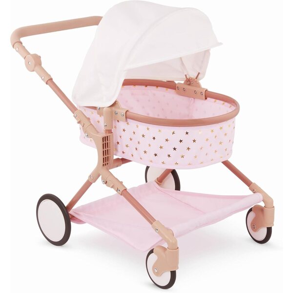 Rosafarbener LullaBaby-Zwillingskinderwagen mit goldenen Sternen, drehbaren Rädern und klappbarem Verdeck