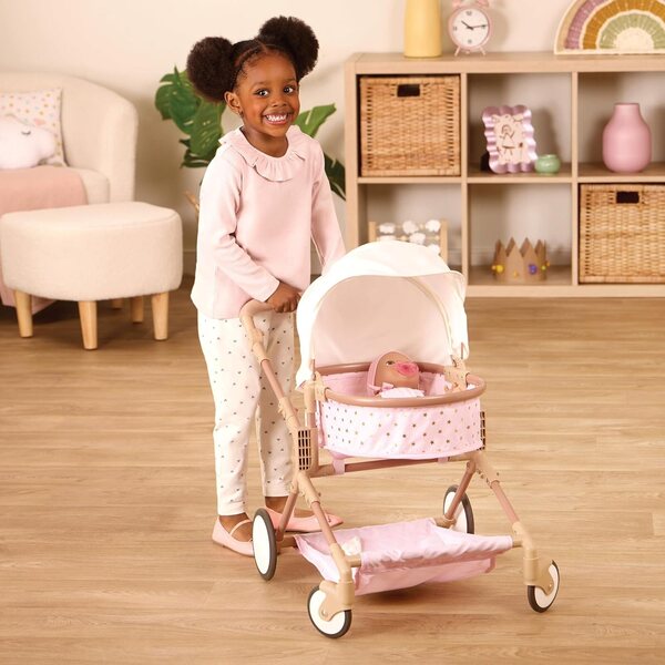 Rosafarbener LullaBaby-Zwillingskinderwagen mit goldenen Sternen, drehbaren Rädern und klappbarem Verdeck