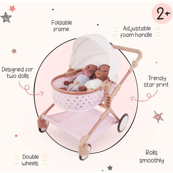 Rosafarbener LullaBaby-Zwillingskinderwagen mit goldenen Sternen, drehbaren Rädern und klappbarem Verdeck