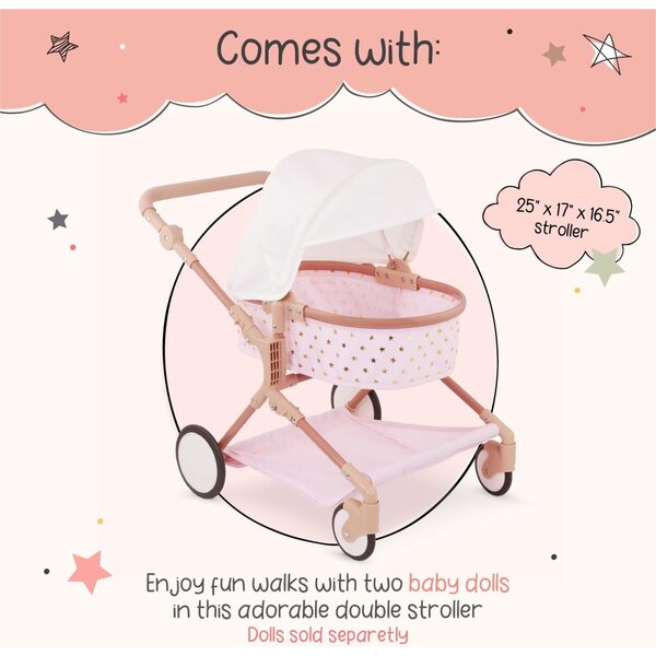 Rosafarbener LullaBaby-Zwillingskinderwagen mit goldenen Sternen, drehbaren Rädern und klappbarem Verdeck