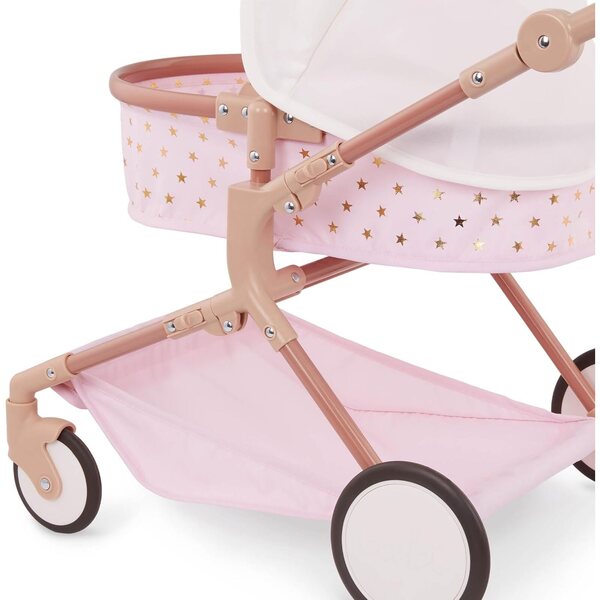 Rosafarbener LullaBaby-Zwillingskinderwagen mit goldenen Sternen, drehbaren Rädern und klappbarem Verdeck