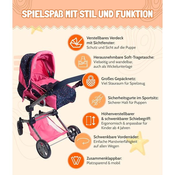 Bayer Chic 2000 Jara Passeggino per Bambole 2 in 1 con Borsa Rimovibile Rosa