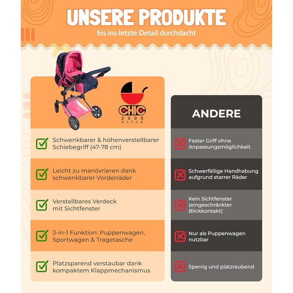Bayer Chic 2000 Jara Passeggino per Bambole 2 in 1 con Borsa Rimovibile Rosa