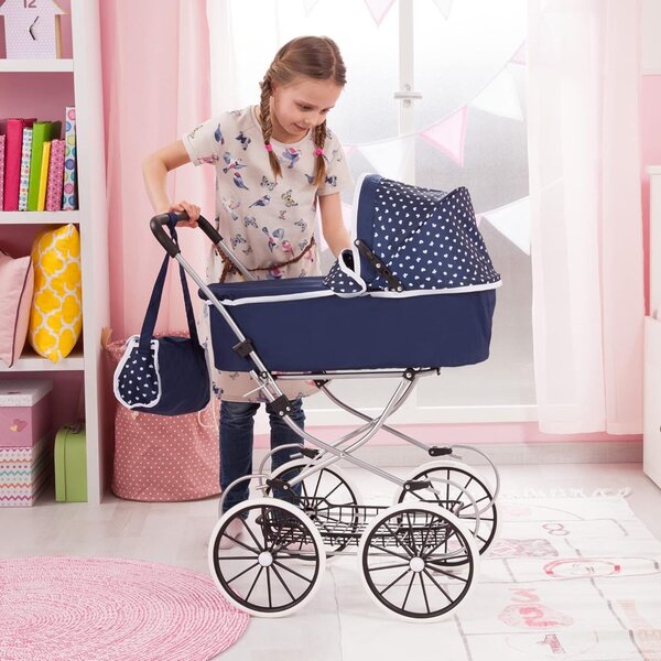 Klassischer Deluxe-Puppenwagen 46 cm, blaues Bayer-Design mit Faltstruktur