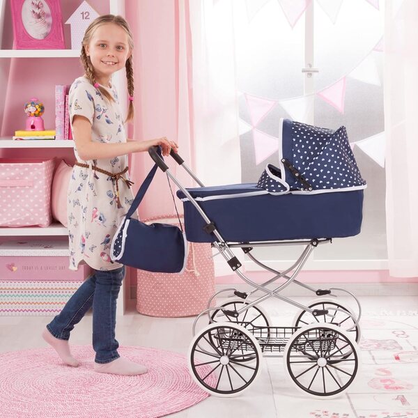 Klassischer Deluxe-Puppenwagen 46 cm, blaues Bayer-Design mit Faltstruktur