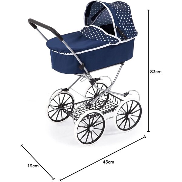 Klassischer Deluxe-Puppenwagen 46 cm, blaues Bayer-Design mit Faltstruktur