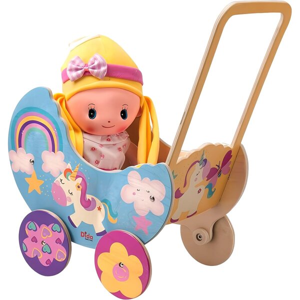 Kinderwagen aus Holz für Einhornpuppen, Kinderwagen bis 35 cm, Lernspielzeug