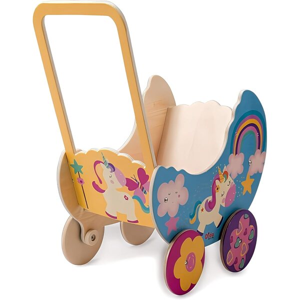 Carrozzina in Legno per Bambole Unicorno, Passeggino fino a 35 cm, Giocattolo Educativo