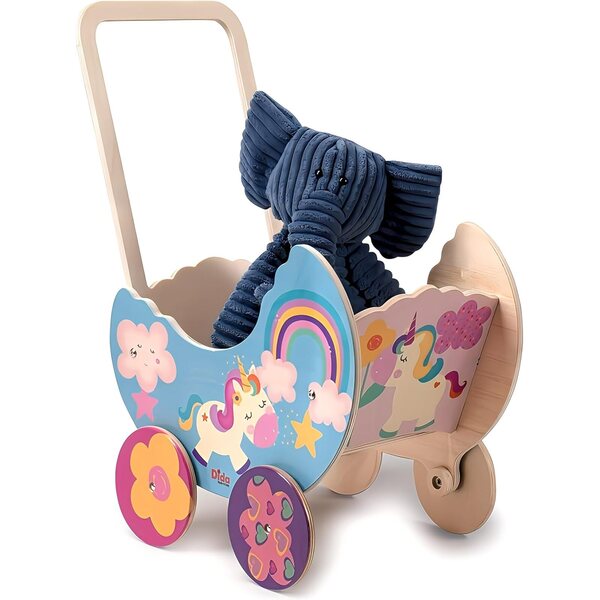 Carrozzina in Legno per Bambole Unicorno, Passeggino fino a 35 cm, Giocattolo Educativo