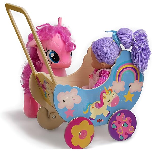 Carrozzina in Legno per Bambole Unicorno, Passeggino fino a 35 cm, Giocattolo Educativo