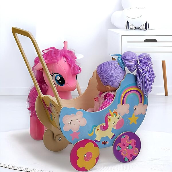 Carrozzina in Legno per Bambole Unicorno, Passeggino fino a 35 cm, Giocattolo Educativo