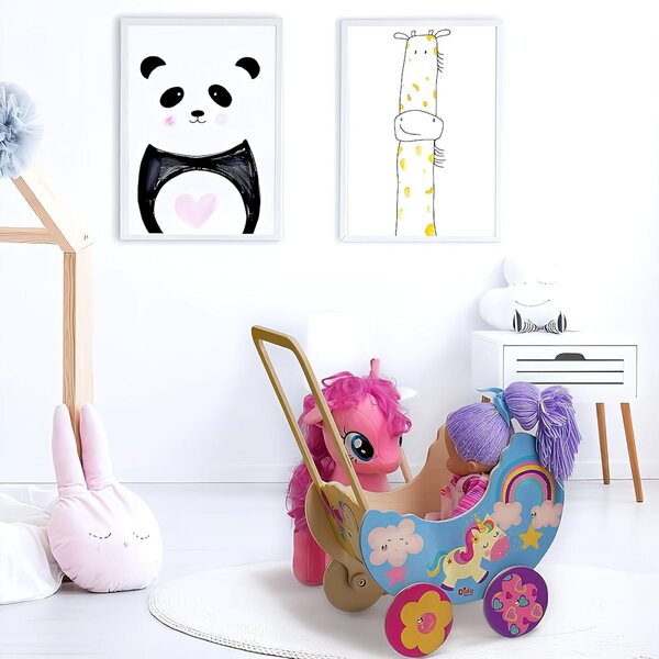 Carrozzina in Legno per Bambole Unicorno, Passeggino fino a 35 cm, Giocattolo Educativo