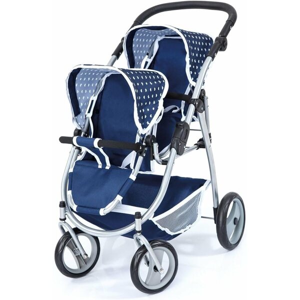 Bayer Design TWIN blauer Zwillingspuppenwagen mit drehbaren Rädern und verstellbarem Lenker