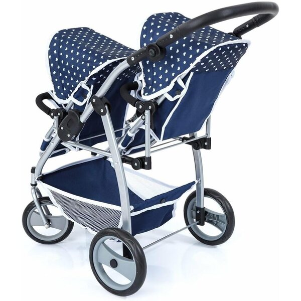 Bayer Design TWIN blauer Zwillingspuppenwagen mit drehbaren Rädern und verstellbarem Lenker