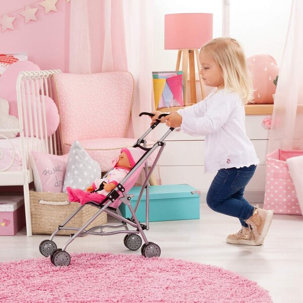 Zusammenklappbarer rosa Puppenwagen mit Doppelrädern – Bayer Design 55 cm