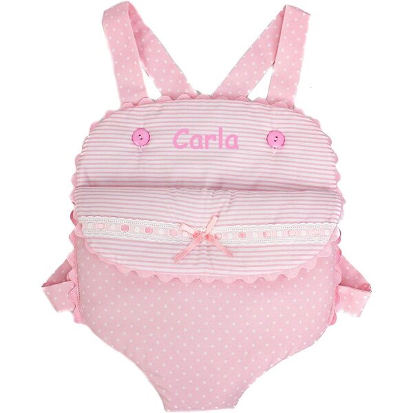 Marsupio personalizzato per bambole e peluche - con nome ricamato, colori rosa e bianco