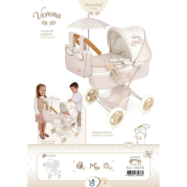 Verona DeCuevas Toys Zusammenklappbarer Puppenwagen mit Sonnenschirm und Zubehör