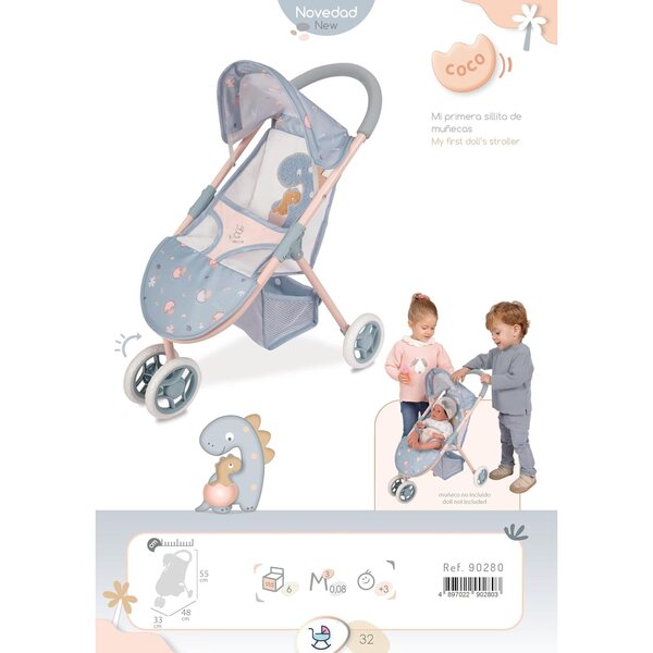 DeCuevas Toys Coco 2x1 Puppenwagen, drehbare Räder und ausziehbares Verdeck