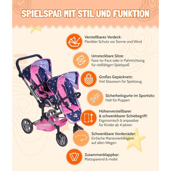 Bayer Chic 2000 Linus Duo Butterfly Navy Pink Zwillingspuppenwagen