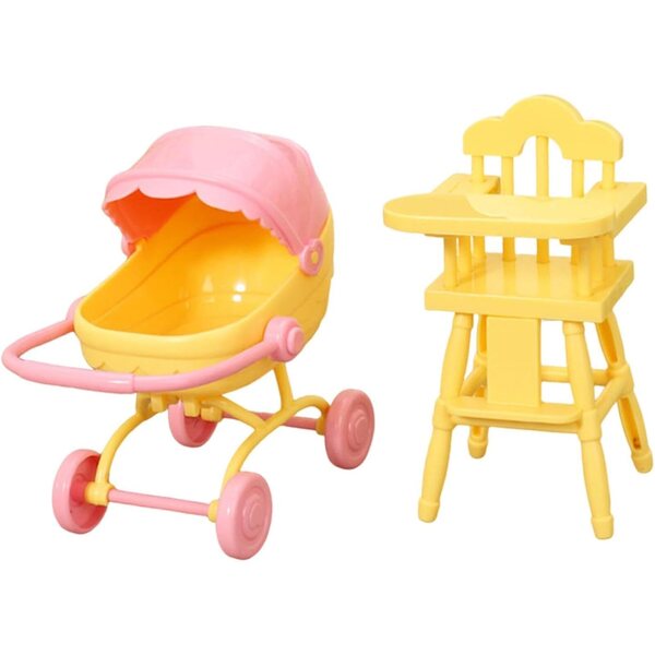 Mini-Hochstuhl und Kinderwagen für Puppenhäuser 1:12 – 2er-Set Gelb