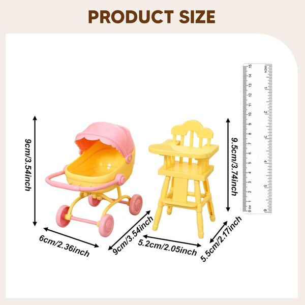 Mini-Hochstuhl und Kinderwagen für Puppenhäuser 1:12 – 2er-Set Gelb
