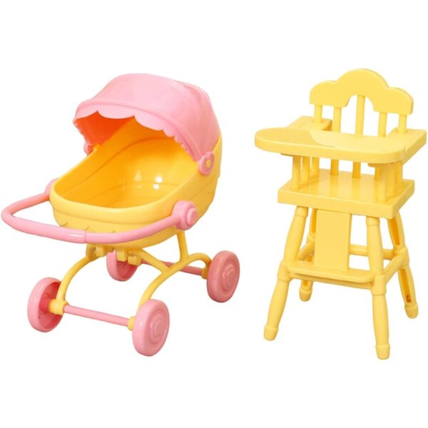 Mini-Hochstuhl und Kinderwagen für Puppenhäuser 1:12 – 2er-Set Gelb