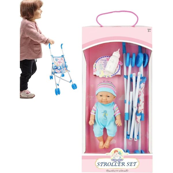 Ergonomischer faltbarer Puppenwagen mit Puppe und Zubehör, 25 cm