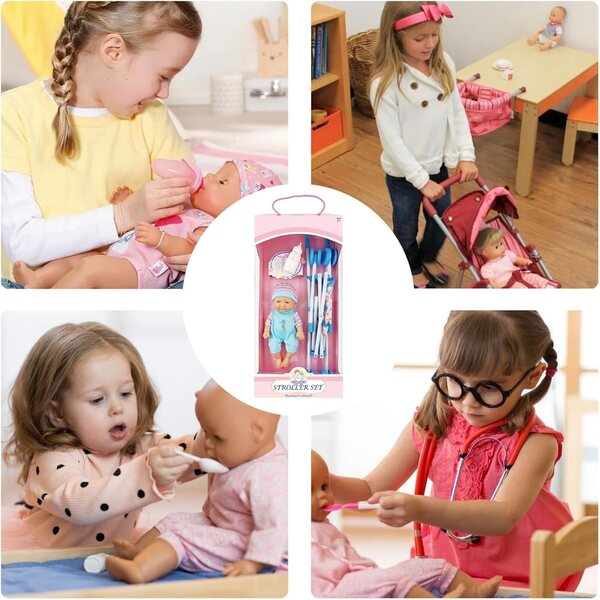 Ergonomischer faltbarer Puppenwagen mit Puppe und Zubehör, 25 cm