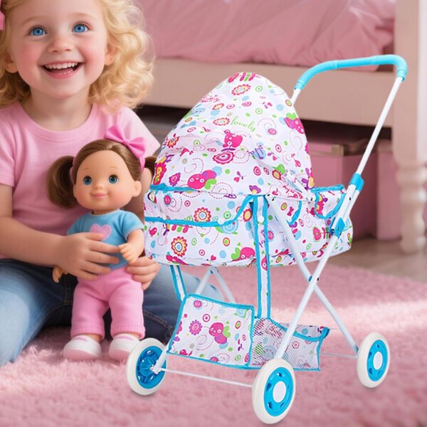 Rosa Puppenwagen mit widerstandsfähiger Struktur und faltbarem Design, 38 x 68 cm