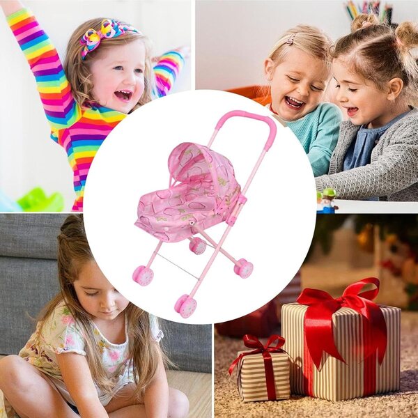 55 cm großer, faltbarer Puppenwagen mit verstellbarem Sonnenschutz zum Spielen drinnen und draußen