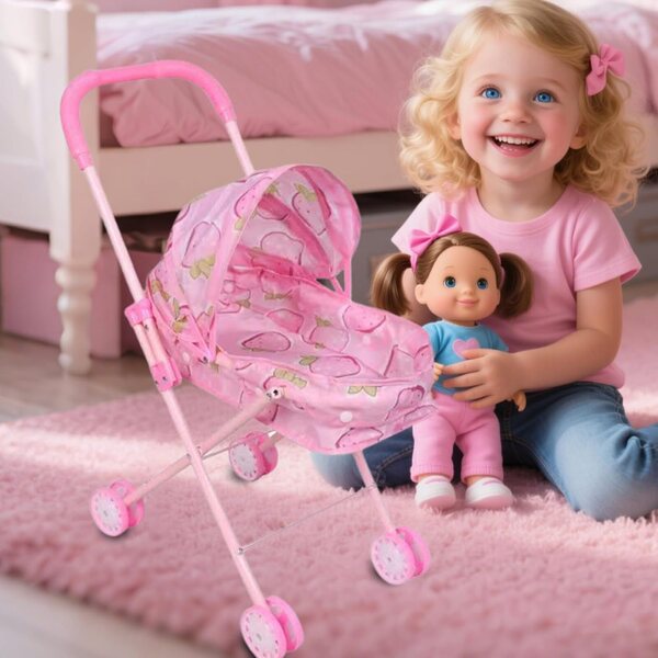 55 cm großer, faltbarer Puppenwagen mit verstellbarem Sonnenschutz zum Spielen drinnen und draußen