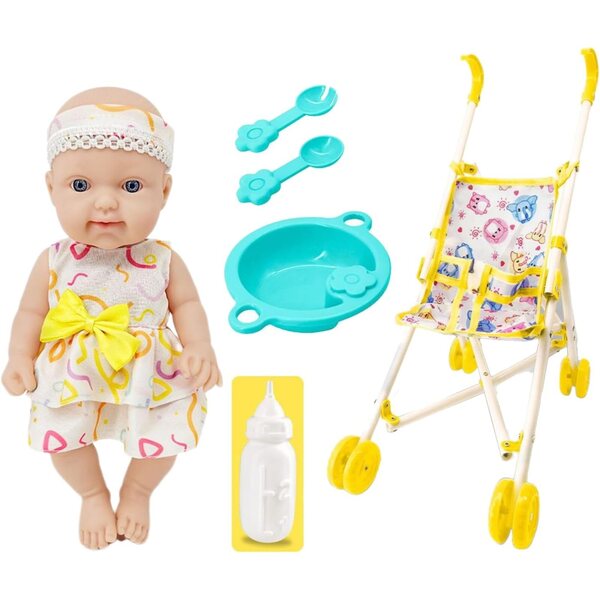 Realistischer 10-Zoll-Spielzeugkinderwagen mit Zubehörset für Kinder ab 3 Jahren