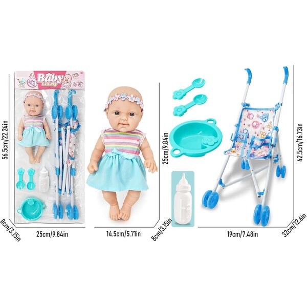 10-Zoll-Spielzeug-Kinderwagen-Set mit Zubehör für Kinder – Rosa, Gelb, Blau, Lila
