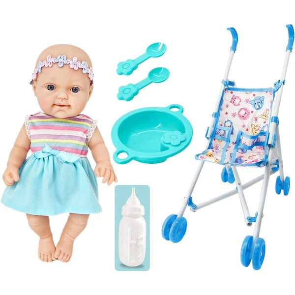 10-Zoll-Spielzeug-Kinderwagen-Set mit Zubehör für Kinder – Rosa, Gelb, Blau, Lila