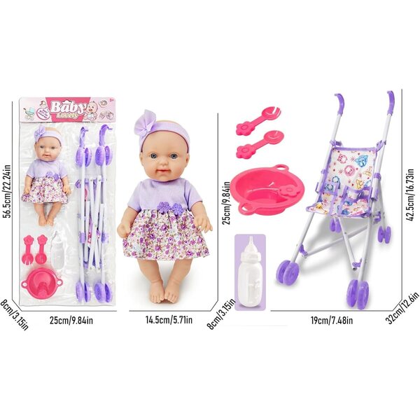 Bambola con Passeggino per Bambini 10'' - Gioco di Ruolo Realistico e Completo