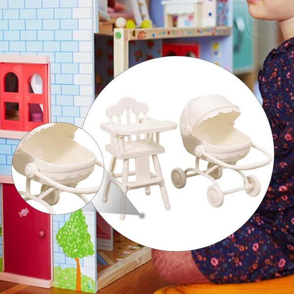 Hochstuhl- und Kinderwagen-Set, 1/12 Puppenhaus-Miniaturen, Weiß