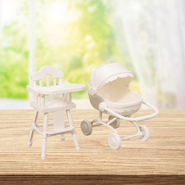 Hochstuhl- und Kinderwagen-Set, 1/12 Puppenhaus-Miniaturen, Weiß