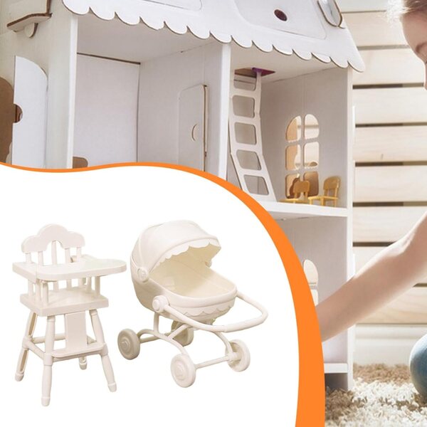 Hochstuhl- und Kinderwagen-Set, 1/12 Puppenhaus-Miniaturen, Weiß