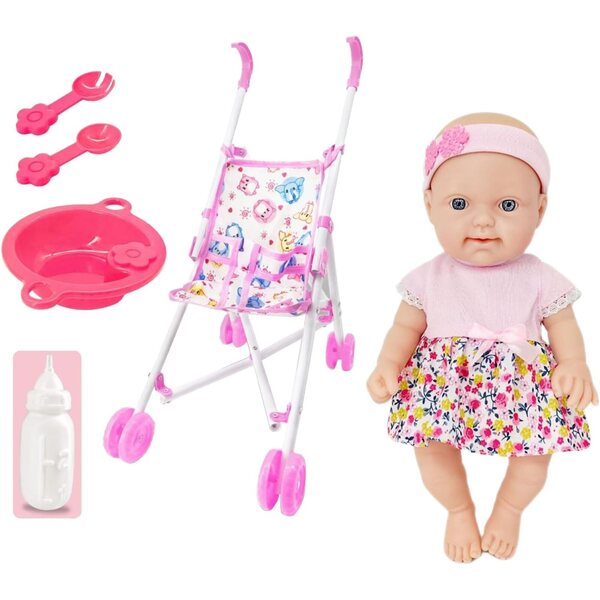 Puppe mit 10-Zoll-Kinderwagen, realistisches Spielen mit Fütterungsset und Zubehör