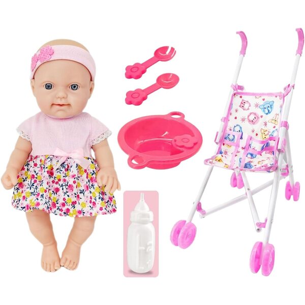Puppe mit 10-Zoll-Kinderwagen, realistisches Spielen mit Fütterungsset und Zubehör