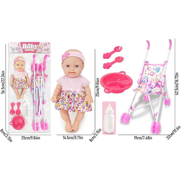 Puppe mit 10-Zoll-Kinderwagen, realistisches Spielen mit Fütterungsset und Zubehör