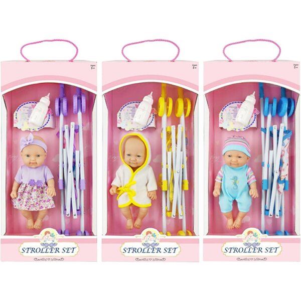 Passeggino per bambole pieghevole con bambola e accessori - gioco educativo per bambini