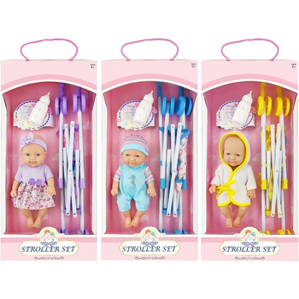 Zusammenklappbarer Puppenwagen mit Puppe und Zubehör – Lernspiel für Kinder
