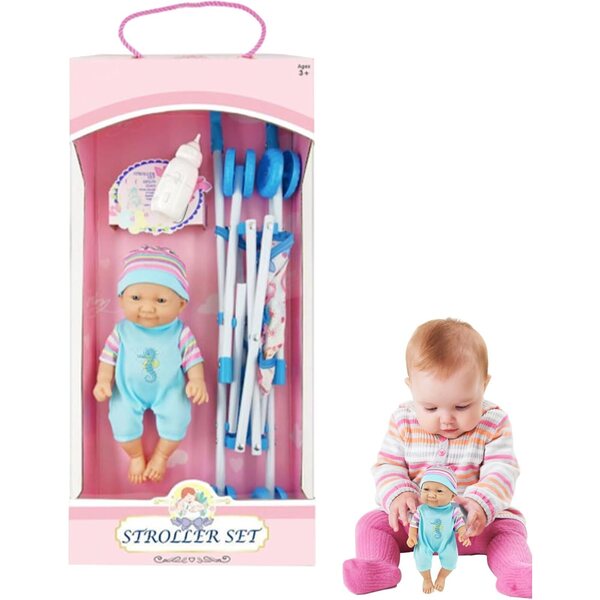 Zusammenklappbarer Puppenwagen mit Puppe und Zubehör – Lernspiel für Kinder