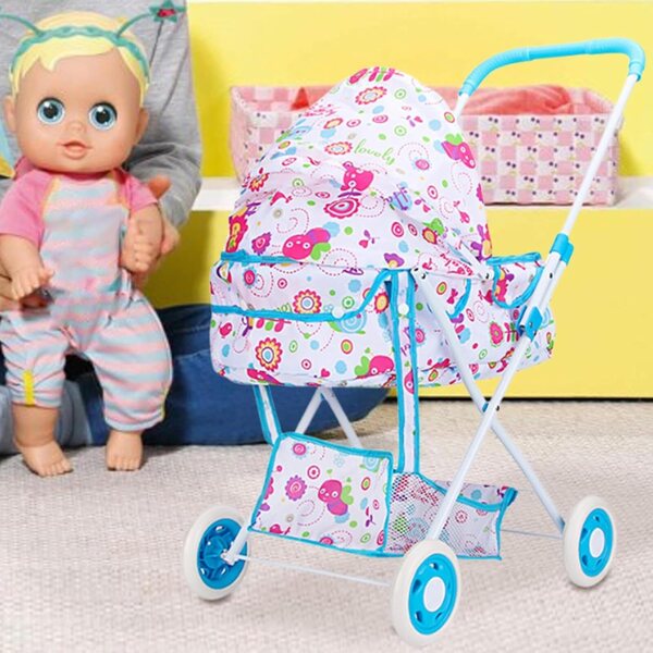 Passeggino per bambole pieghevole in metallo e tessuto, gioco realistico per bambini
