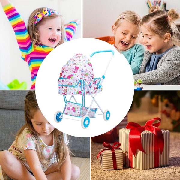 Passeggino per bambole pieghevole in metallo e tessuto, gioco realistico per bambini