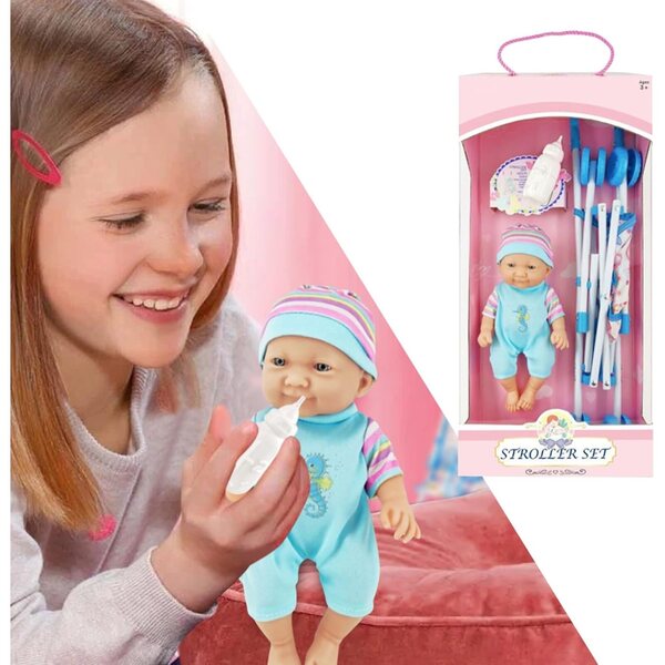 Passeggino per Bambola Pieghevole con Bambola, Biberon e Sonaglio - Gioco Educativo 3+