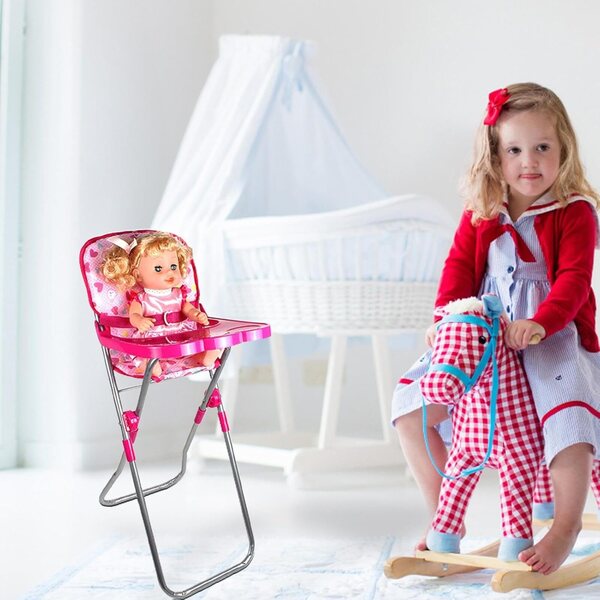 35 cm Spielzeug-Kinderwagen für Puppen, Kinderzimmer-Spielset mit Wiege und rosafarbenem Hochstuhl