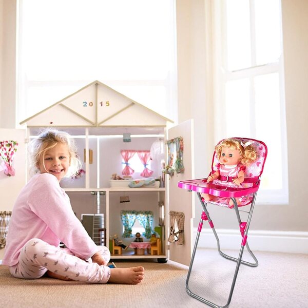 35 cm Spielzeug-Kinderwagen für Puppen, Kinderzimmer-Spielset mit Wiege und rosafarbenem Hochstuhl