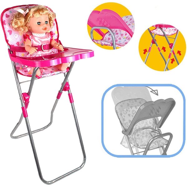 35 cm Spielzeug-Kinderwagen für Puppen, Kinderzimmer-Spielset mit Wiege und rosafarbenem Hochstuhl